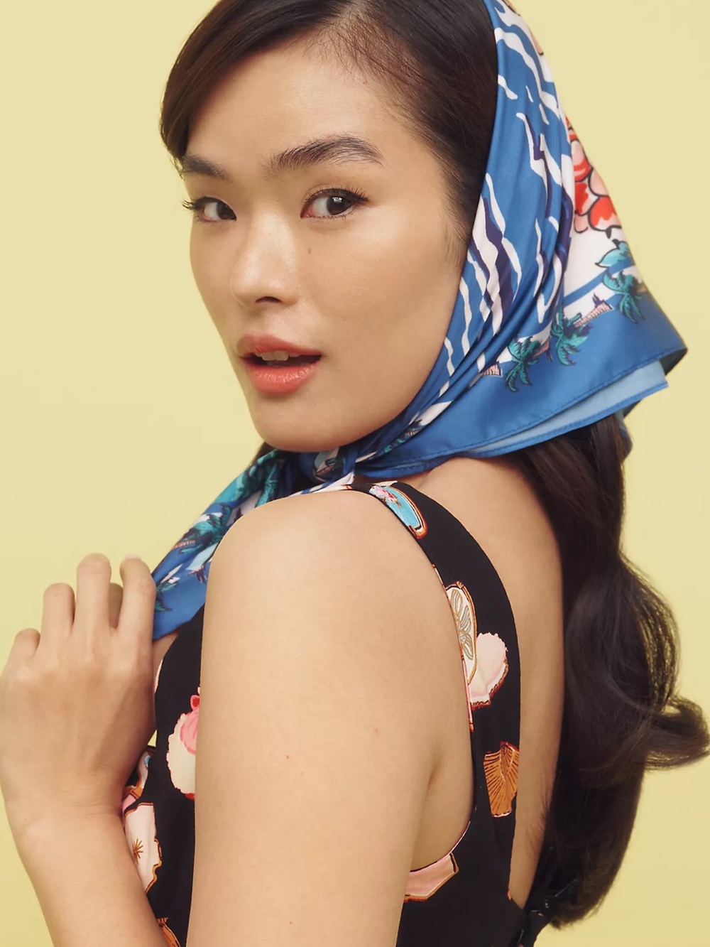 Anthropologie Mare Silk-Feel Blue Floral Scarf/ Headscarf Satin